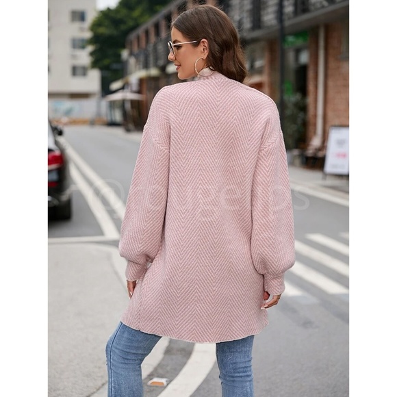 Knit Chevron Open Cardigan Bishop Sleeves Hip Length  Pink & White - Picture 3 of 10